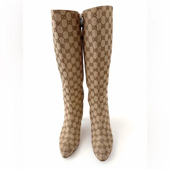 GUCCI || Vintage GG Canvas Knee High Heeled Boots Brown Monogram US 8.5 - Picture 5 of 16